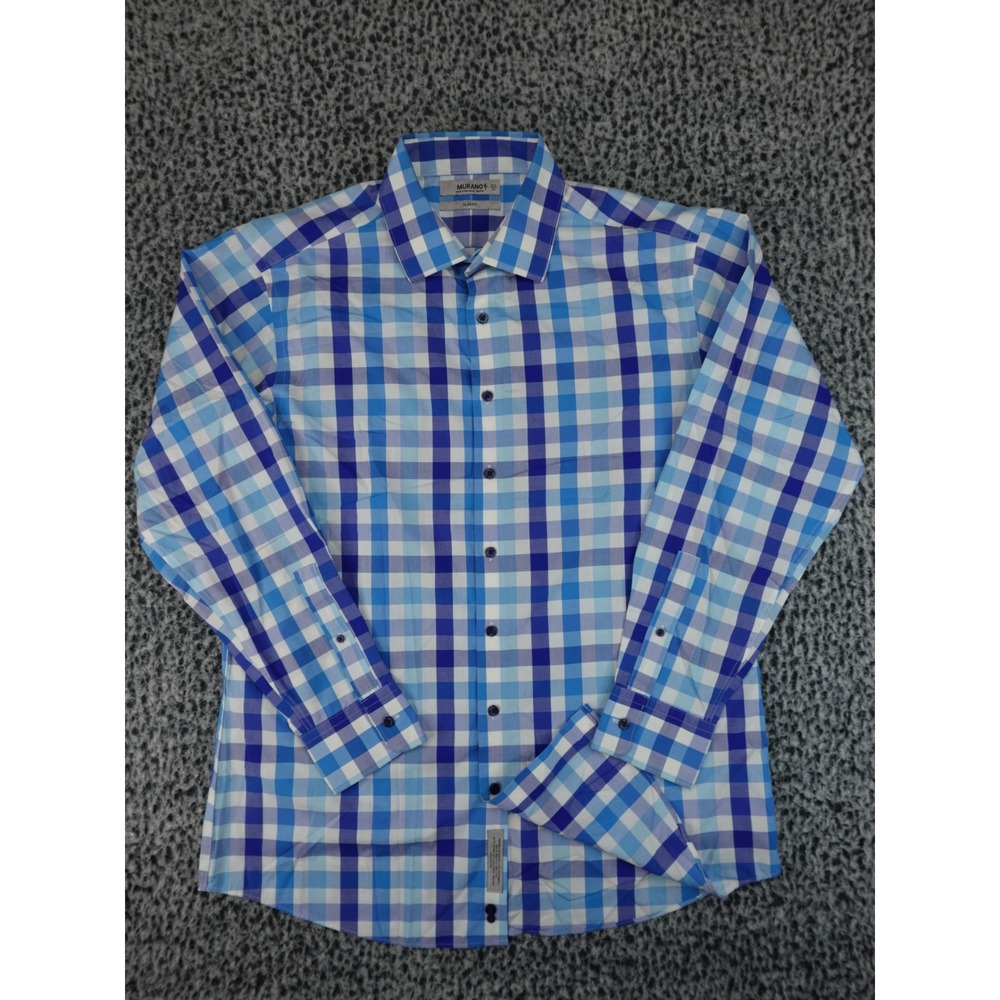 Murano Mens Slim Fit 16.5 34 Blue Gingham Check Long Sleeve Button Up Shirt